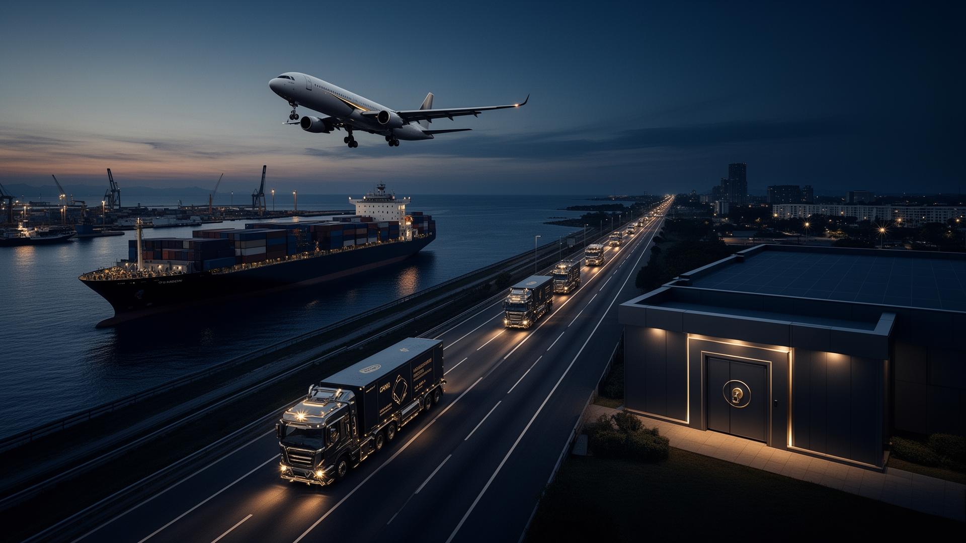 Global logistics operation with cargo aircraft, freight vessel and armored transport at dusk